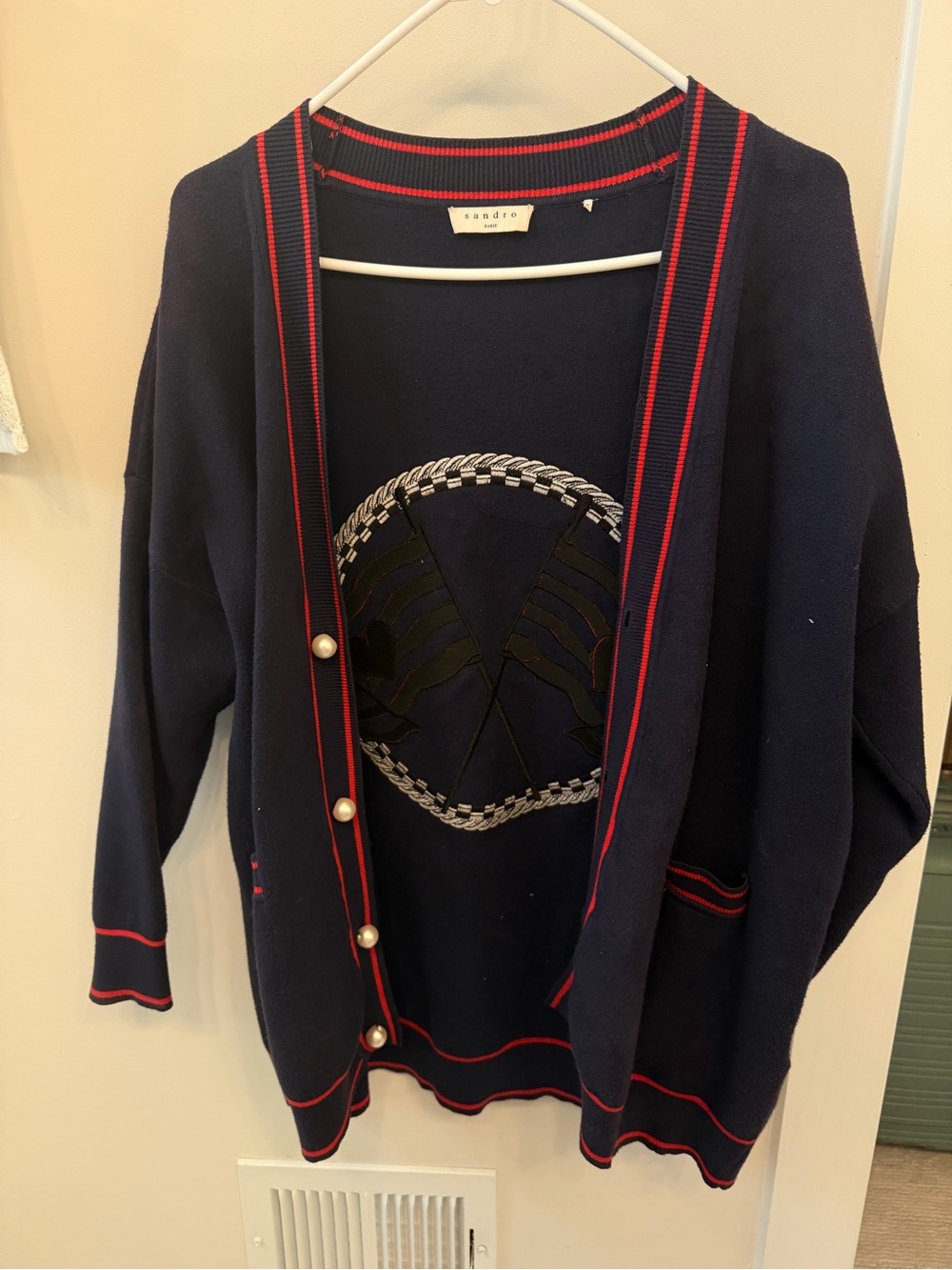Sandro Navy Sweater with Red Trim and Flag Patch